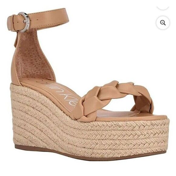 Calvin Klein Womens Thea Platform Wedge Heel Espadrille Sandal Ankle Strap Beige - Picture 1 of 14